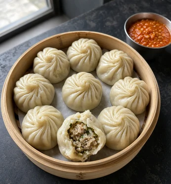 Steamed momos in a bamboo steamer with tomato achar