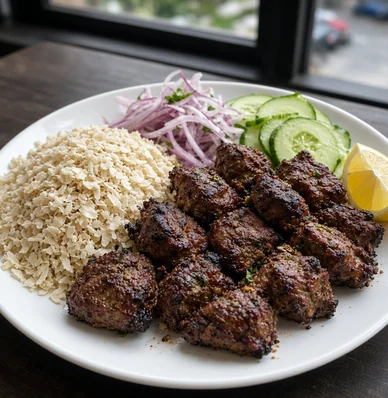 Sekuwa with beaten rice and salad