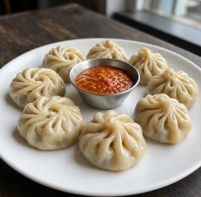 Steamed momos with achar