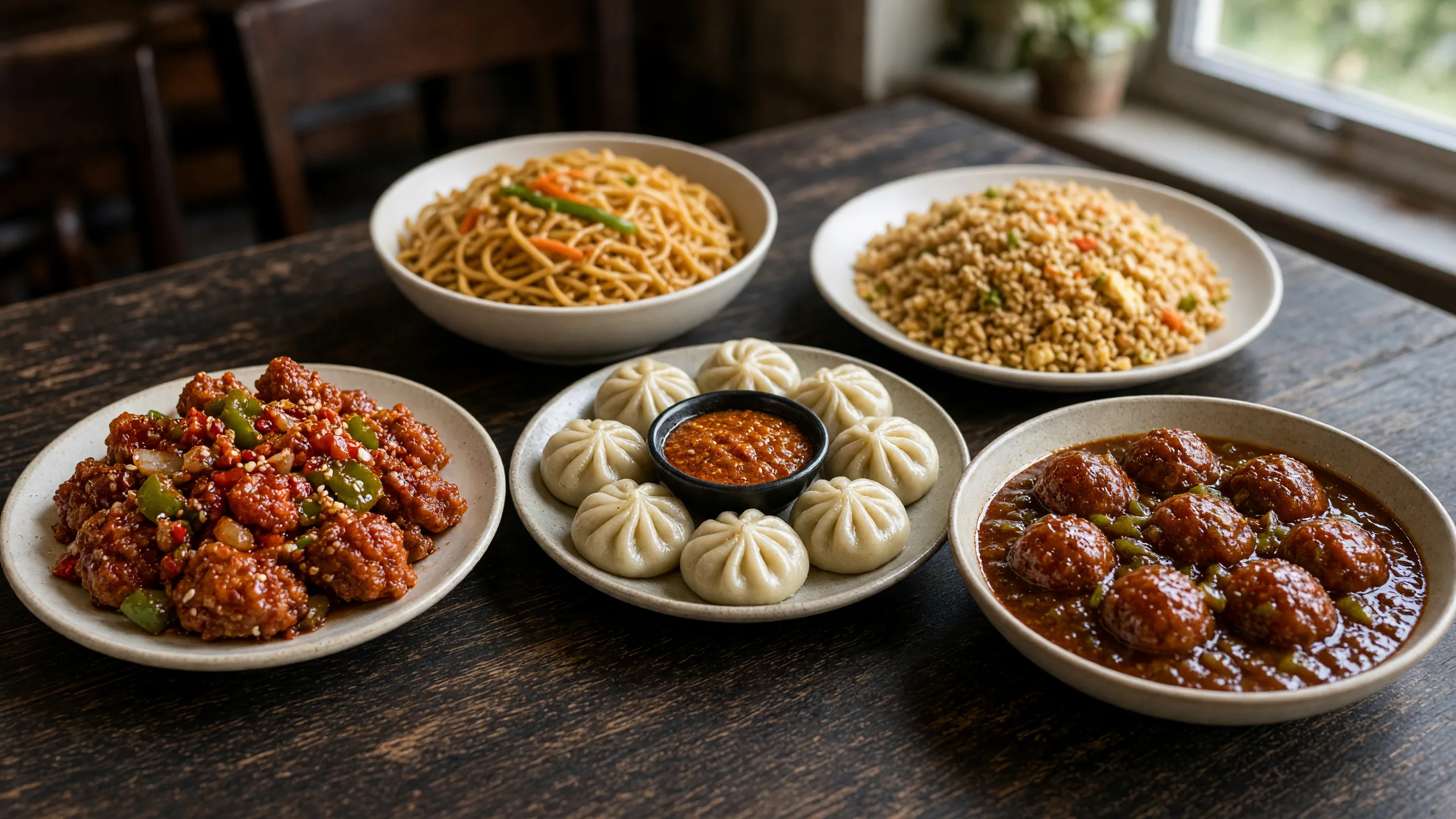 A spread of Hakka and Nepali dishes on a restaurant table