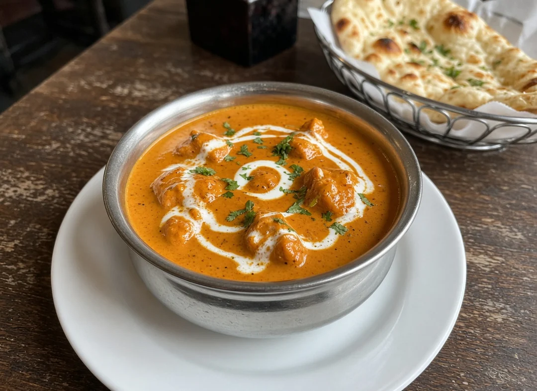Butter Chicken: butter chicken in a steel bowl with naan
