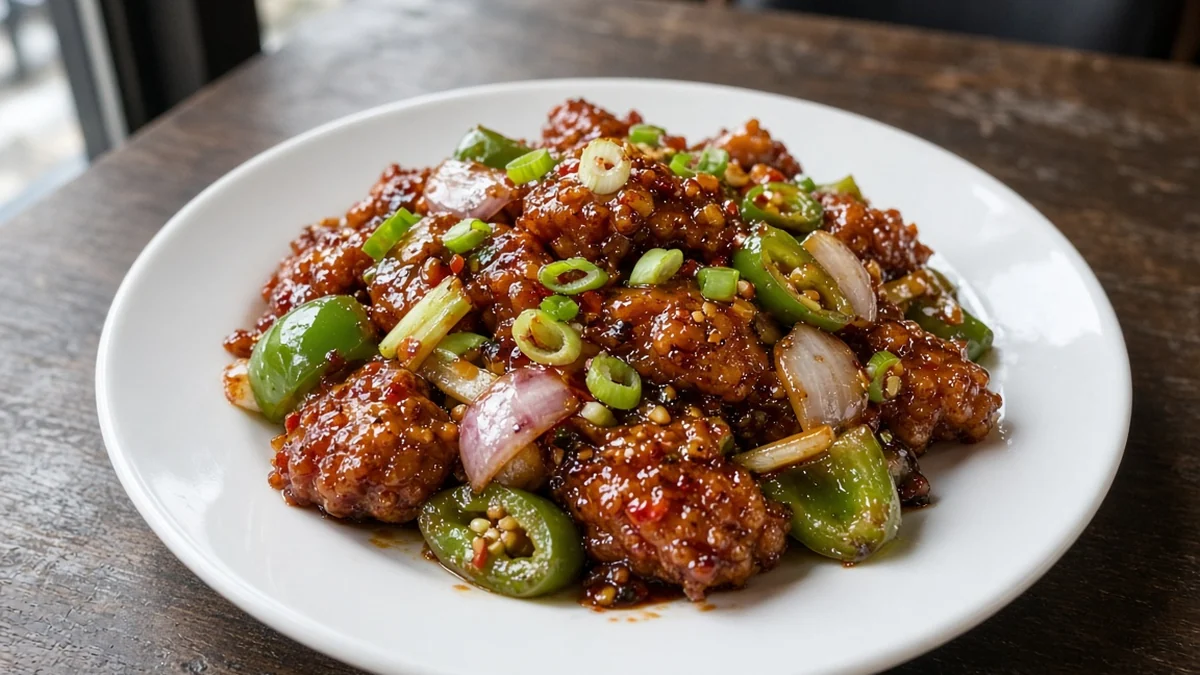 Chili Chicken: hakka chili chicken with green chilies, onion and bell pepper